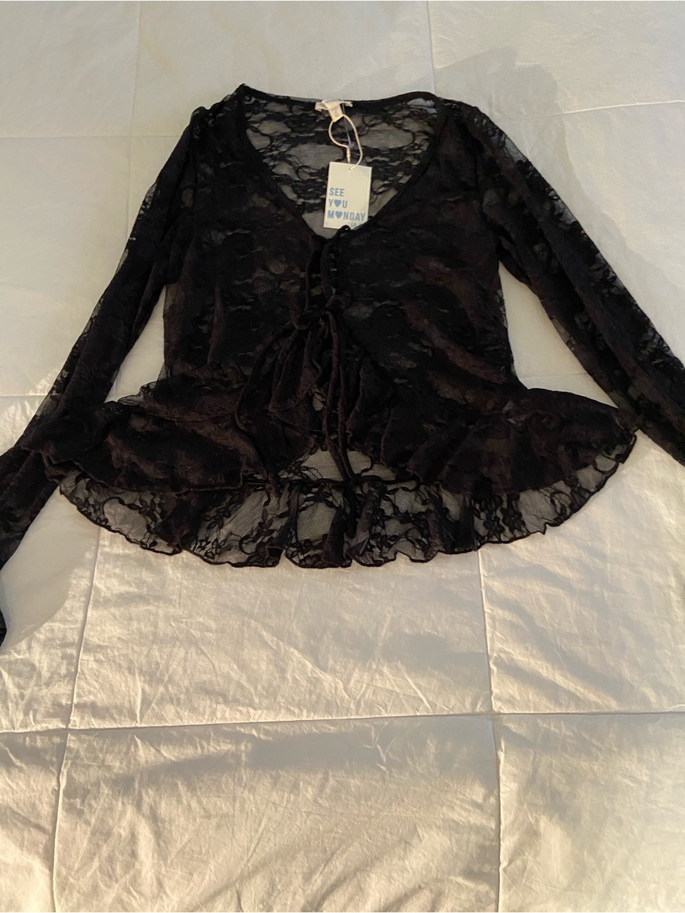 🖤 Sheer Lace Tie-Front Ruffle Top🖤 - Picture 2 of 16